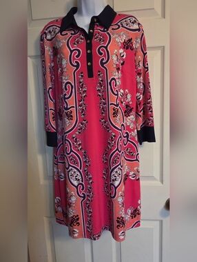 Ali & Ro Pink Floral Print Polo Dress with Black Trim Size 10